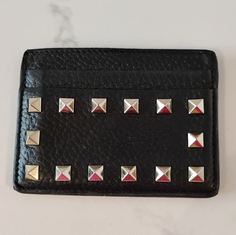 Valentino Garavani Card Holder - Black Studded Pebbled Leather - Picture 3 of 14